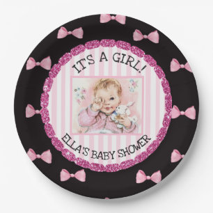 Personalized Baby Shower Paper Plates Pink Bows