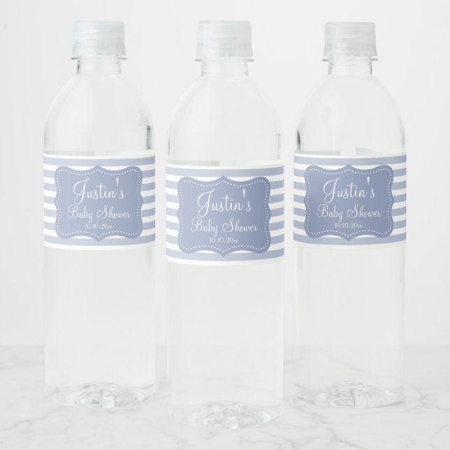 Personalized baby shower party elegant blue stripe water bottle label (Bottles)