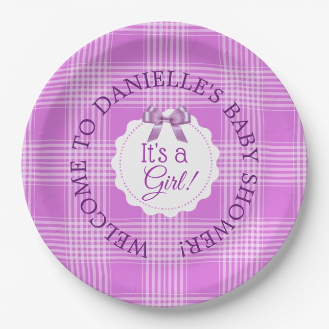 Personalized Baby Shower Purple Plaid Paper Plates (Front)
