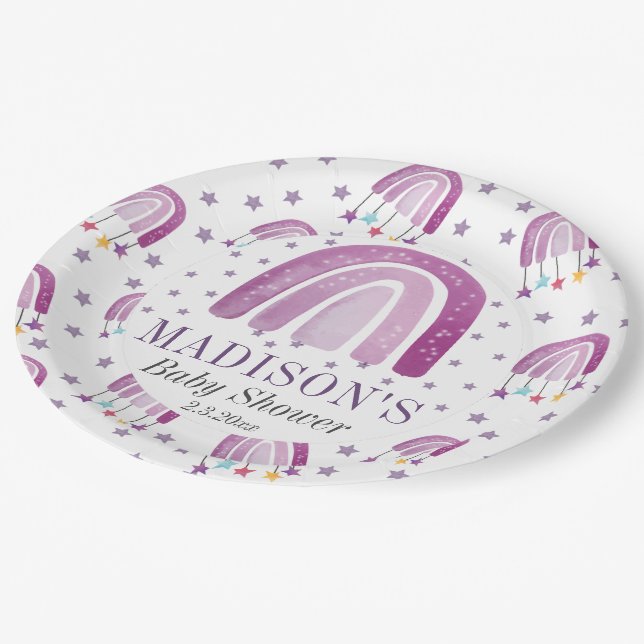 Personalized Baby Shower Purple Rainbow Paper Plate (Angled)