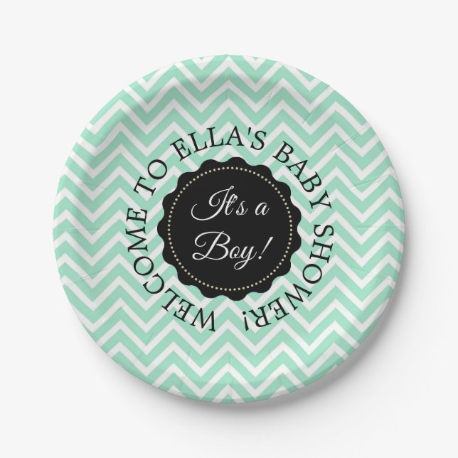 Personalized Baby Shower Sage Chevron Paper Plates (Front)