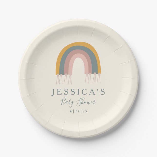 Personalized Baby Shower Soft Boho Rainbow Pastel Paper Plate (Front)