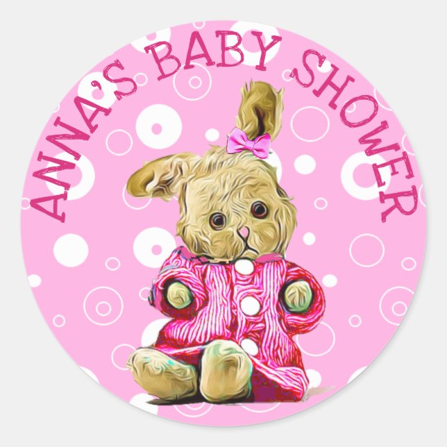 Personalized Baby Shower Stickers Pink Bunny (Front)