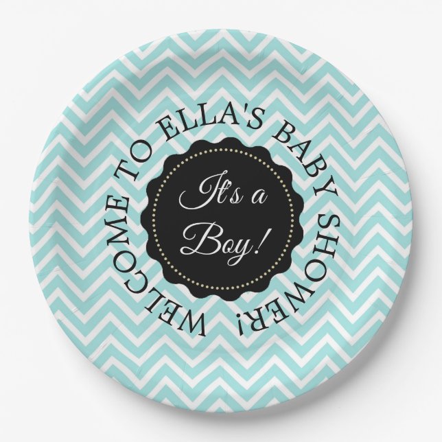 Personalized Baby Shower Teal Chevron Paper Plates (Front)