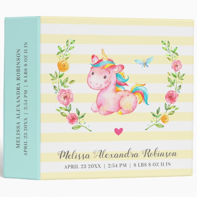 Personalized Baby Stats Newborn Girl Unicorn Album Binder (Front/Spine)