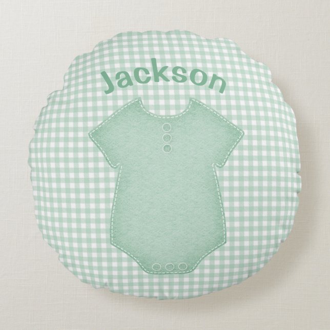 Personalized Baby Suit Plaid Gingham Nursery Name Round Pillow (Front)