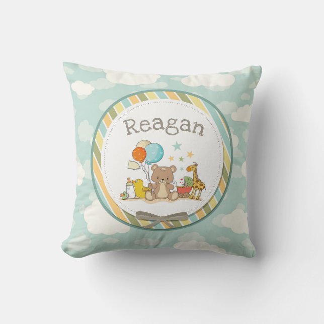 Personalized Baby Teddy Bear Giraffe Rubber Ducky Throw Pillow (Front)