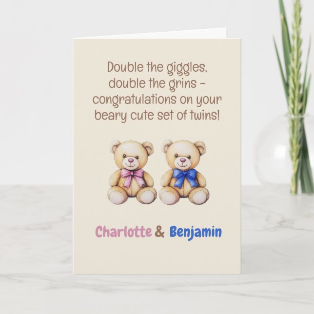 Personalized Baby Twins Congratulations, Bears     Card (Front)