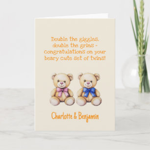 Personalized Baby Twins Congratulations, Bears Card