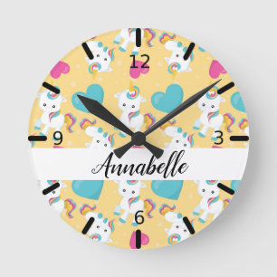Personalized Baby Unicorns & Hearts Round Clock