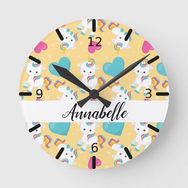 Personalized Baby Unicorns & Hearts Round Clock (Front)