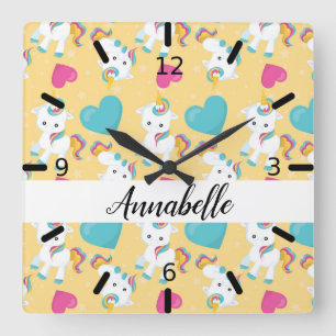 Personalized Baby Unicorns & Hearts Square Wall Clock
