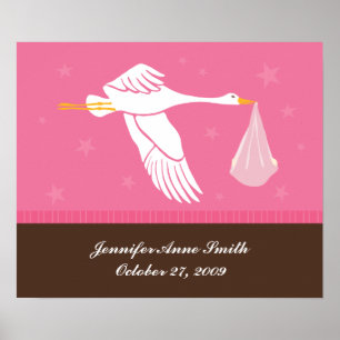 Personalized Baby Wall Art - Stork/Pink & Brown