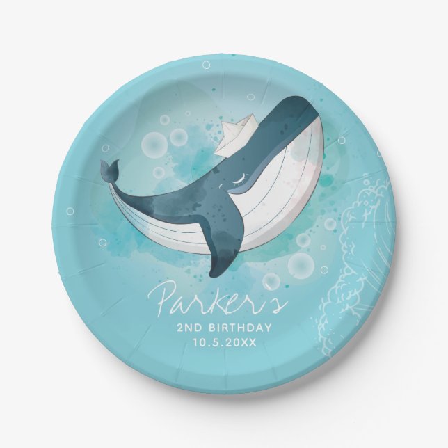 Personalized Baby Whale Blue Birthday Paper Plate (Front)
