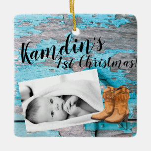 Personalized Baby XMAS Ornament Blue Wood Barn Doo