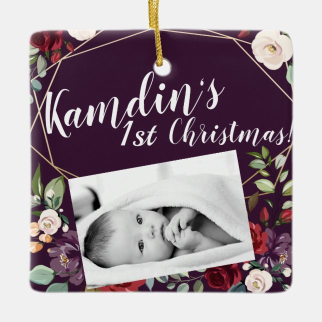 Personalized Baby XMAS Ornament Plum Purple Roses (Front)