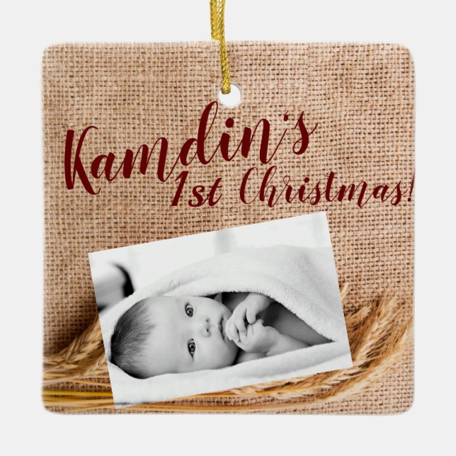 Personalized Baby XMAS Ornament Wheat on Burlap Sa (Front)