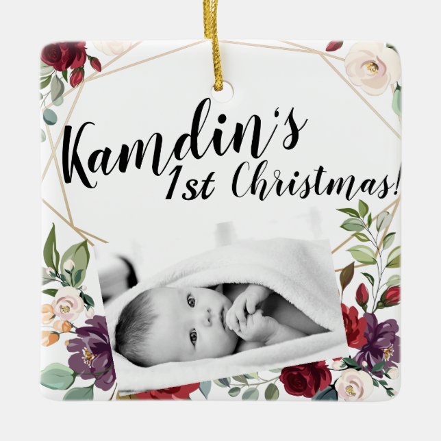 Personalized Baby XMAS Ornament White Roses Gold G (Front)