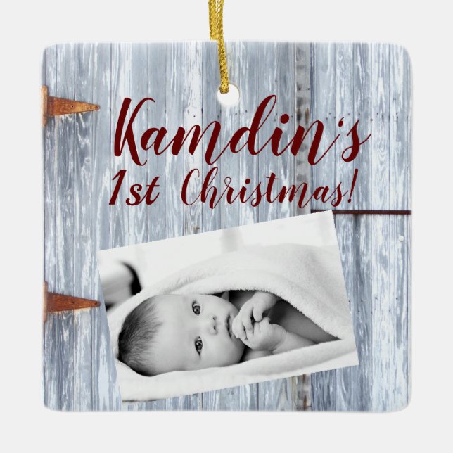 Personalized Baby XMAS Ornament White Wash Wood Ba (Front)