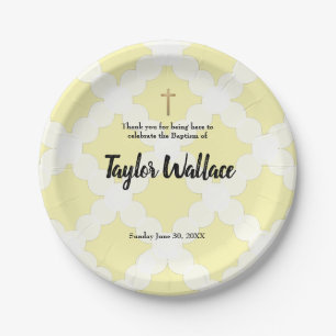 Personalized Baby yellow Baptism & gold cross Paper Plate
