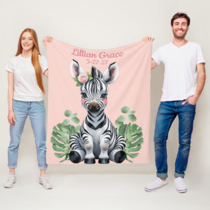 Personalized Baby Zebra Girls Blush Safari Fleece Blanket