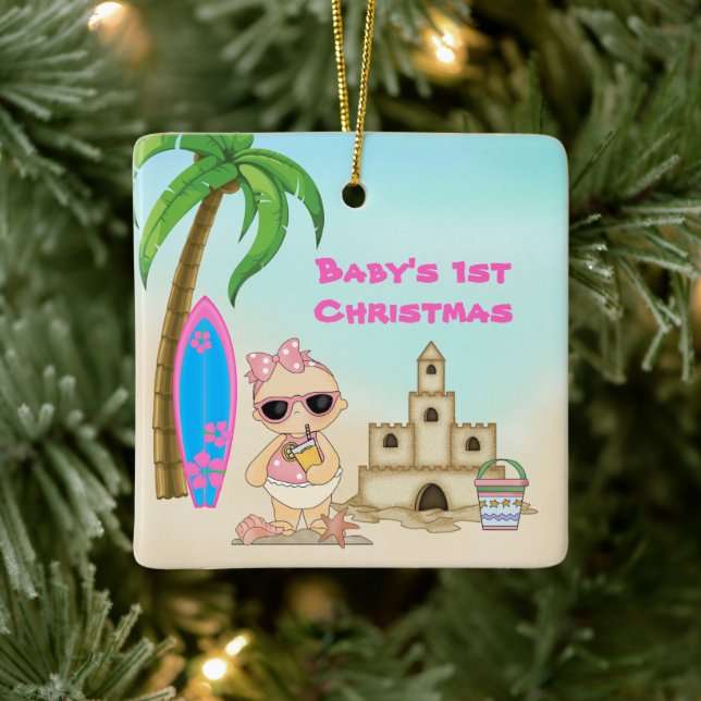 Personalized Baby's 1st Christmas Girl's Beach Ceramic Ornament (Tree)
