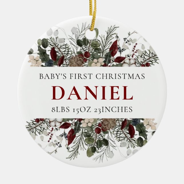 Personalized Baby's 1st Christmas Winter Floral  Ceramic Ornament (Front)