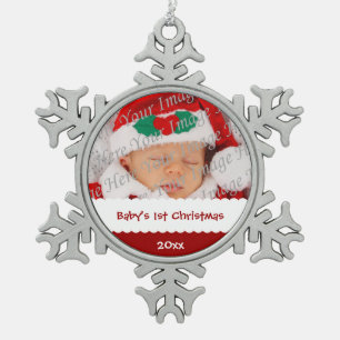 Personalized Baby's 1st Christmas with Photo Snowflake Pewter Christmas Ornament