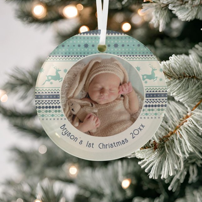 Personalized Baby's First Christmas Blue Reindeer Glass Ornament (Creator Uploaded)
