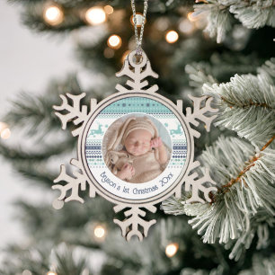 Personalized Baby's First Christmas Blue Reindeer Snowflake Pewter Christmas Ornament