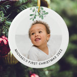 Personalized Baby's First Christmas Photo  Ceramic Ceramic Ornament<br><div class="desc">This modern First Christmas Ornament is decorated with watercolor mistletoe.
Easily customizable with your photo,  name,  and year.
Use the Design Tool to change the text size,  style,  or colour.
Because we create our artwork you won't find this exact image from other designers.
Original Watercolor © Michele Davies.</div>
