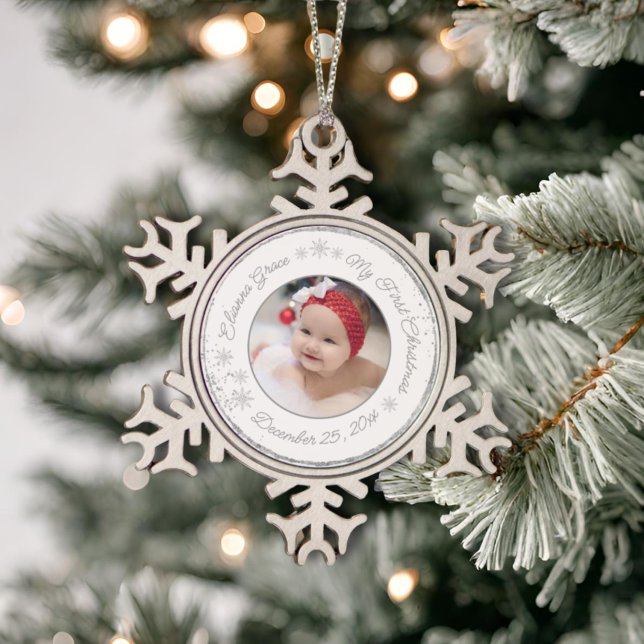  Personalized Baby's First Christmas Photo Glitter Snowflake Pewter Christmas Ornament (Creator Uploaded)
