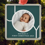 Personalized Baby's First Christmas Photo Green Metal Ornament<br><div class="desc">This keepsake Baby's First Christmas Photo Ornament is decorated with the word JOY on a dark green background.
Easily customizable with your photo,  name,  and year.</div>