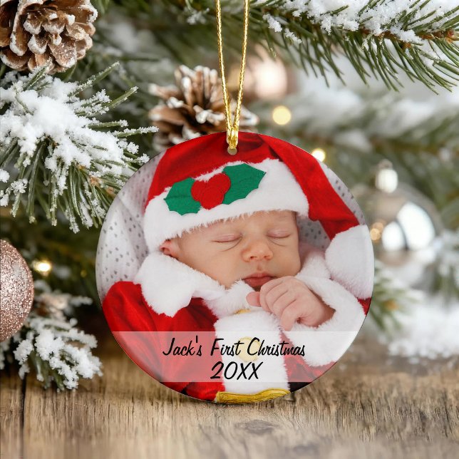 Personalized Babys First Christmas Photo Name Year Glass Ornament (Creator Uploaded)