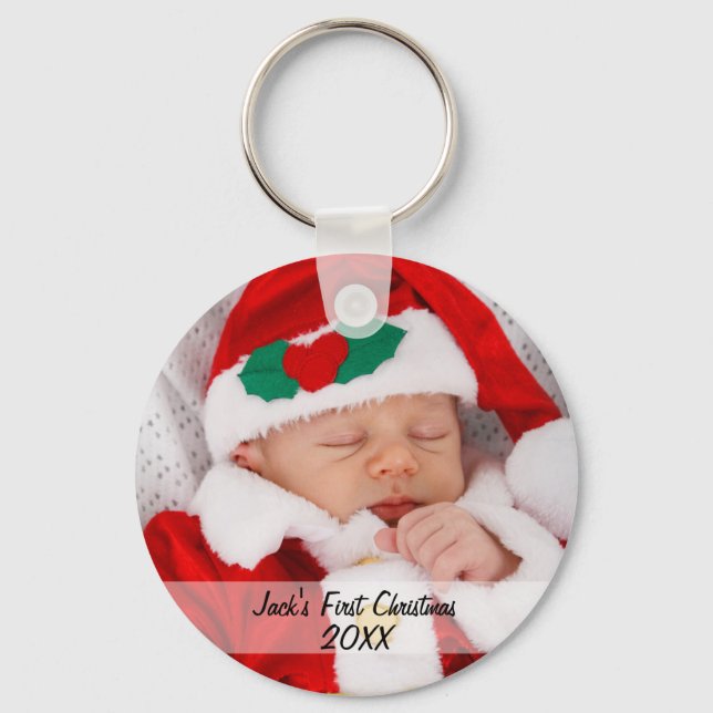 Personalized Babys First Christmas Photo Name Year Keychain (Front)