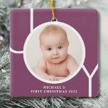 Personalized Baby's First Christmas Photo Purple  Ceramic Ornament<br><div class="desc">This stylish Baby's First Christmas Photo Ornament is decorated with the word JOY in white on a purple background.
Easily customizable with your photo and name.
Suitable for a boy or girl.</div>