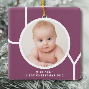 Personalized Baby's First Christmas Photo Purple  Ceramic Ornament