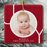 Personalized Baby's First Christmas Photo Red  Ceramic Ornament<br><div class="desc">This stylish Baby's First Christmas Photo Ornament is decorated with the word JOY in white on a red background.
Easily customizable with your photo and name.</div>