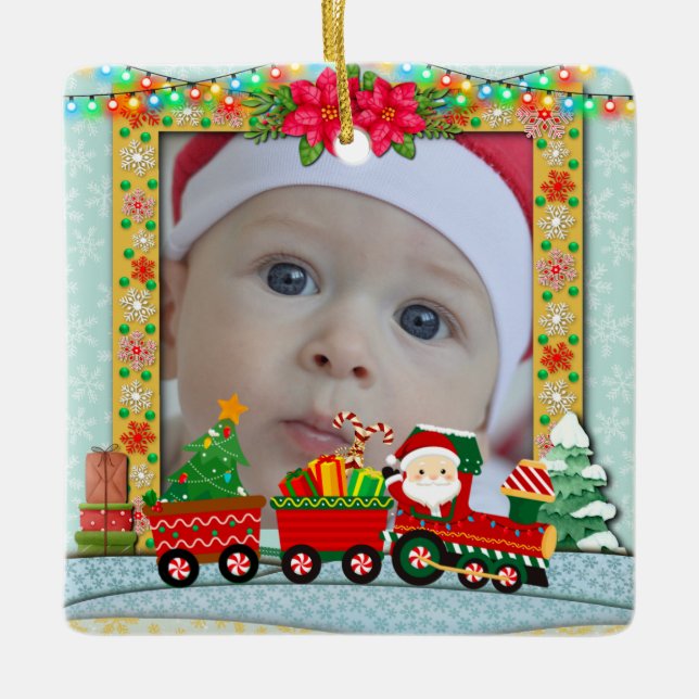 Personalized Baby's First Christmas Photo Train  Ceramic Ornament (Front)