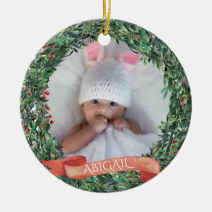 Personalized Baby's First Christmas Photo Wreath  Ceramic Ornament