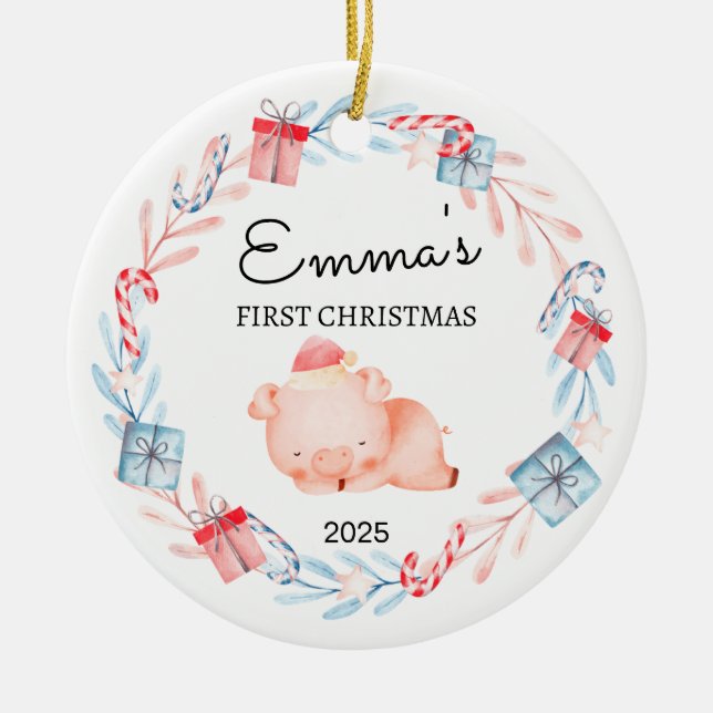 Personalized Baby's First Christmas, Pig Gift Ceramic Ornament (Front)