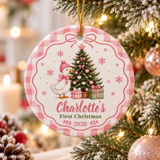 Personalized Baby's First Christmas Pink Goose Ceramic Ornament
