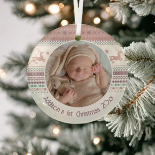 Personalized Baby's First Christmas Pink Reindeer Glass Ornament