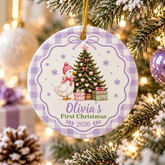 Personalized Baby's First Christmas Purple Goose Ceramic Ornament