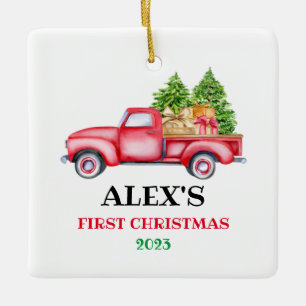 Personalized Baby's First Christmas Red Truck Xmas Ceramic Ornament
