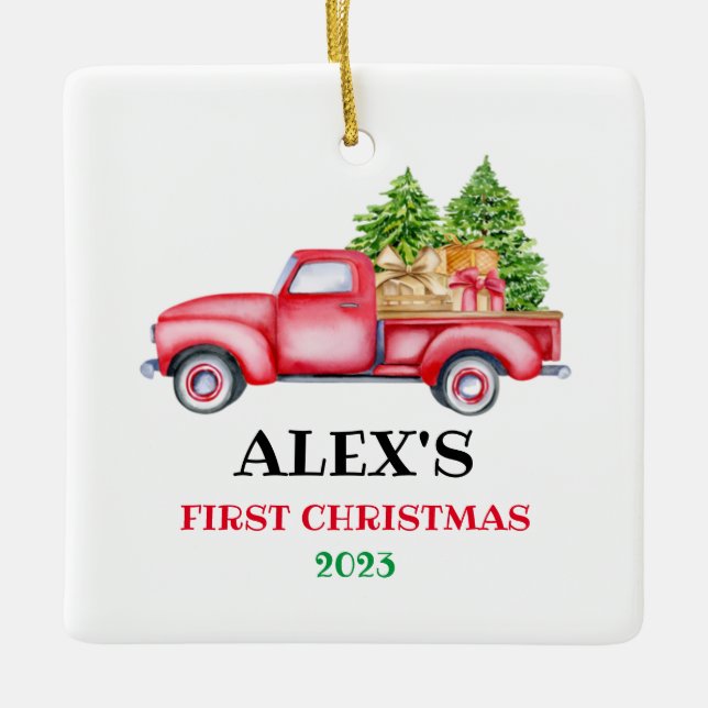 Personalized Baby's First Christmas Red Truck Xmas Ceramic Ornament (Front)