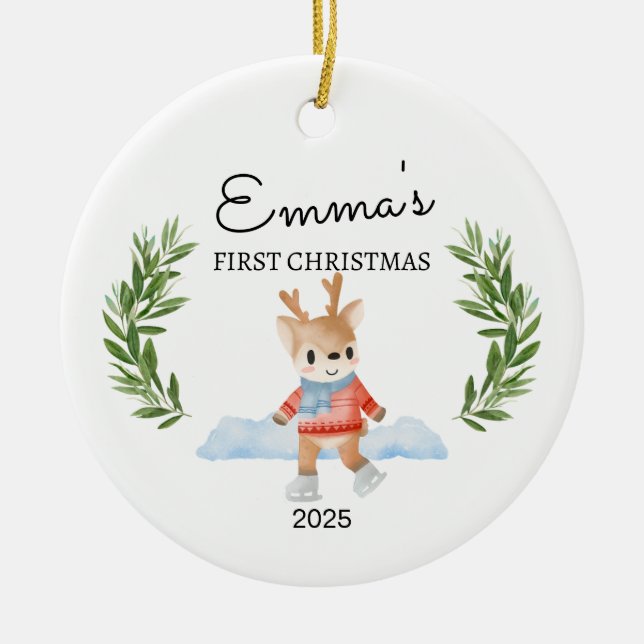 Personalized Baby's First Christmas, Reindeer Gift Ceramic Ornament (Front)