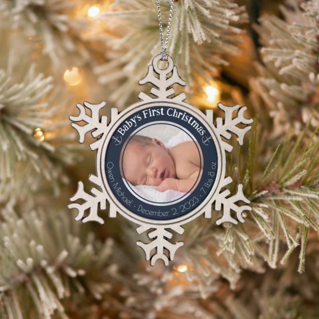 Personalized Baby's First Christmas Snowflake Pewter Christmas Ornament (Tree)
