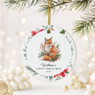Personalized Baby's First Christmas Watercolor Fox Ceramic Ornament