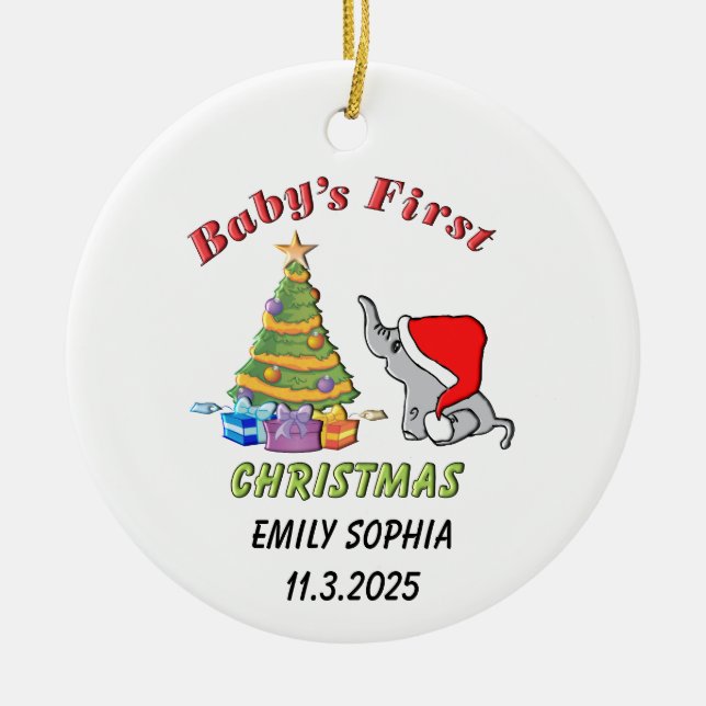Personalized Baby's First Christmas with Elephant Ceramic Ornament (Front)